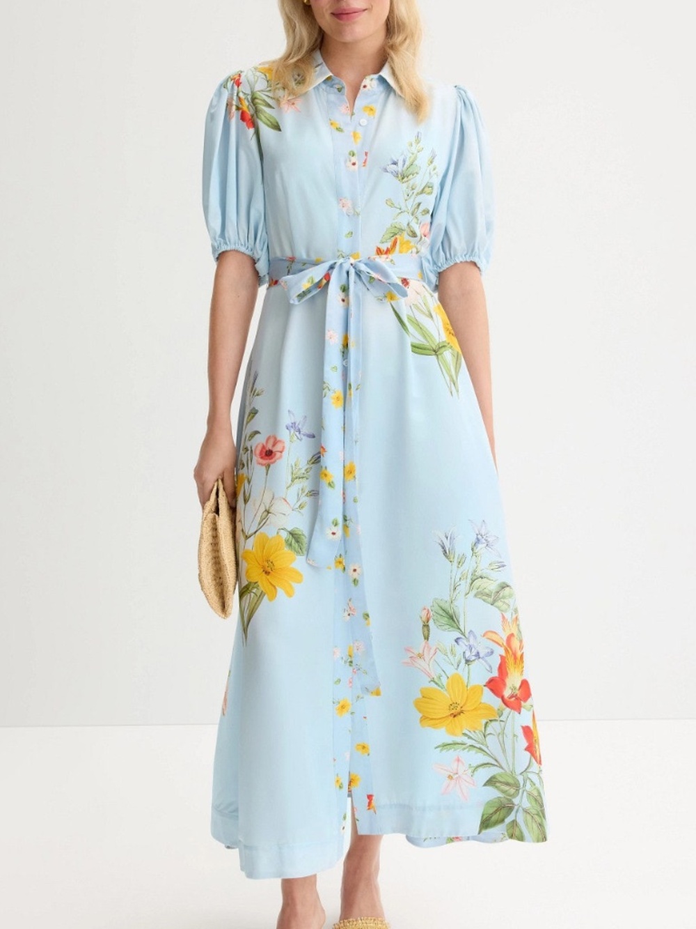 Aston Studio Marley Midi Dress Blue Floral Belt Button Front Silk - Size US 6